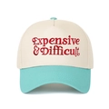Detail of red Expensive & Difficult embroidery on a two-tone beige and mint green cap - Off-white/Lake Blue