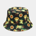 Sombrero de pescador reversible negro de algodón con estampado de girasol y perezoso - M / Girasol Perezoso Reversible