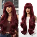 Detail of long wavy burgundy wig with bangs on a model and mannequin stand - Burgundy