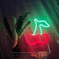 Cherry LED neon sign with red fruit and green leaves on white wire basket backdrop - 1-2W / Cherry Green Red