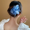 Blue fabric floral hair clip with pearl tassels on long bamboo style hairpin accessory - Gold Dark Blue Silk Flower Style (36# Hairpin-Gold-Dark Blue Flower)