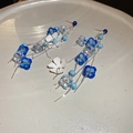 Elegant beach style earrings with blue beads, white flowers, and long silver tassels - Silver Pin Acrylic Glass Bead Flower Tassel Stud Earrings (4#)