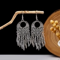Bohemian vintage antique silver feather tassel earrings with hollow metal patterns - E2875-37/Feather Hollow