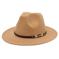 Détail d'un chapeau fedora en laine camel avec ruban noir et boucle dorée chic - M(56-58cm) / Camel (Double Bande)