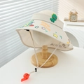 Detail of kids sun hat with dinosaur prints, toggle drawstring and whistle pendant - 52-54cm (3-8 Years) / Beige