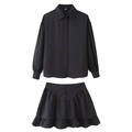Detail of black long sleeve lapel shirt and ruffled skirt set shown in flat lay - Dark Gray