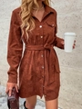 Elegant brown corduroy shirt dress with belt and pockets shown in a street style view - S / Brown