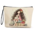 Florale Mädchen Leinwand Kosmetiktasche mit Reißverschluss und Trageschlaufe für Reise - 17*25cm / Mädchen mit Bär Illustration (Stil 1)