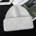 Thick light grey rabbit fur knit beanie for women with warm double-layered plush texture - M (56-58cm) / Light Gray