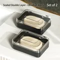 Set of 2 obsidian black waterproof soap boxes with lids and double-layer drainage - Double Layer Sealed / Obsidian Black