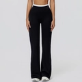 Women's black high-waisted wide-leg yoga pants with a contrasting white waistband - S / Premium Black