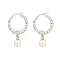 Silver twisted hoop earrings with elegant white pearl drops on a clean white background - Twisted Rope Pearl Drop Style (E1079-ST)