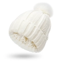 Close-up of the white knit beanie with satin lining and a matching fluffy pom-pom - One Size / White