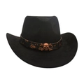 Black felt cowboy hat with bronze skull band and metal skull crossbones centerpiece - Black