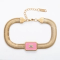 Detail of pink enamel rectangle charm with crystal on gold-tone stainless steel snake chain - Pink