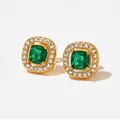 Elegant gold square stud earrings featuring emerald green stones and diamond accents - Golden Square Emerald Style (KDE1162)