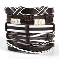 Close-up of multilayer men's braided leather bracelet set in brown and white tones - T8 Style (Brown White Beaded Mix)