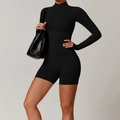 Schwarzes Yoga-Set mit nahtloser Reißverschlussjacke und High-Waist Sport-Shorts - S / Jacke + Shorts / Premium Schwarz