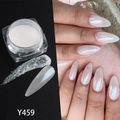 Macro shot of Aurora white pearl nail powder Y459 on long almond nails with shimmer effect - Y459-Pearl White / Aurora
