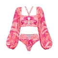 Detail of pink tropical print bikini with chiffon lantern sleeves and gold waist ring - S / 2 Piece Swimsuit