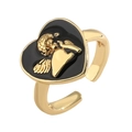 Verstellbarer goldener Herzring mit schwarzer Emaille und Vintage-Engelsrelief - Herz Engel Schwarzer Emaille / Schwarz