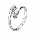 Polished silver hug ring with hand shaped ends in a minimalist adjustable style - Zinc Alloy Open Style / Silver