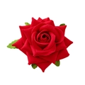 Detailed top view of a red fabric artificial rose hair clip with green leaves - Red