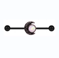 Close-up of black industrial barbell with crescent moon and pink opal stone - Black Moon Pink Purple Opal
