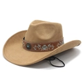 Cappello da cowboy etnico in camoscio cammello con fascia ricamata e fibbia turchese - M (56-58cm) / Cammello