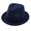 Detail view of navy blue wool felt fedora with a rolled brim and heart jazz style design - Navy Blue