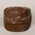 Close-up of brown PU leather texture and fine stitching on the vintage military flat cap - M (56-58cm) / Caramel