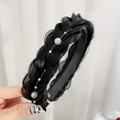 Braided black fishtail wig headband with white pearl accents and plastic base - Pearl Style / Pearl Natural Black