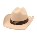 Classic beige western cowboy hat with golden bull head ornament and leather band - One Size / Gold Bull Head Decorative Band / Beige