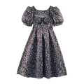Abito lungo vintage in raso marrone a pois con maniche a sbuffo e dettagli cut-out - XS / Marrone Blu a Pois