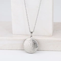 Polished silver stainless steel round locket necklace with delicate floral engraving - Three Flowers Round/Steel