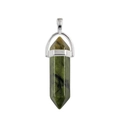 Green natural stone hexagonal prism pendant with silver-tone metal bail on white background - Southern Jade