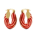 Detail of red enamel spiral hoop earrings with golden edges and twist rope texture - Red