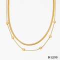 Double-layered gold necklace with flat herringbone chain and square pendant detail - Gold Necklace D1233