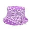 Detailed close-up of the purple paisley print and stitching on the fabric bucket hat - M / Purple