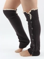 Detail of dark knitted leg warmers featuring delicate white lace trim and black buttons - One Size / Dark Gray