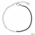 Dual-design stainless steel anklet featuring silver paperclip chain and black zircon stones - Black Zircon Silver (A411)