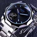 Winner men's automatic mechanical watch with silver steel strap and blue skeleton dial - Silver Stainless Steel Band / Black