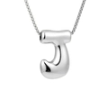 Macro shot of silver bubble letter J pendant with high-shine finish on a box chain necklace - Silver J