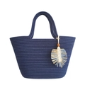Donkerblauwe geweven katoenen touw tote tas met decoratieve bladbedel en houten kralen - Groot / Donkerblauw