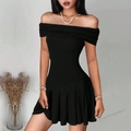 Elegant black off-the-shoulder slim fit mini dress with ruffled neckline and pleated skirt - Black / S