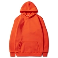 Classic orange pullover hoodie with front kangaroo pocket and ribbed cuffs in flat lay - Orange