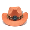Chapeau de cowboy orange en daim avec bandeau perlé ethnique et boucle turquoise - M (56-59cm) / Orange (Daim)
