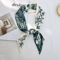 Letter J printed long silk scarf with vintage green toile de jouy floral pattern - Style J (Off-White/Green Vintage Toile de Jouy)