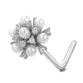 L-shaped silver nose stud featuring white pearl and clear zircon cluster design - Flower Cluster Style (BD00112) / Silver