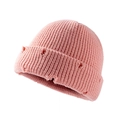 Pink knitted beanie hat with distressed torn edge and trendy hip-hop style for autumn - Pink